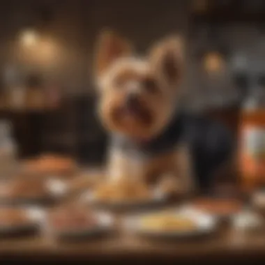 Suitable Foods for Yorkies with Sensitive Stomachs A selection of suitable dog foods for Yorkies laid out on a table