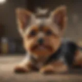 A Yorkie looking distressed with a paw on its belly