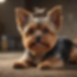 A Yorkie looking distressed with a paw on its belly