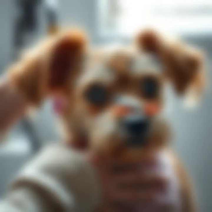 A close-up of a medium shedless dog being groomed, highlighting its unique fur texture and the tools used for maintenance.
