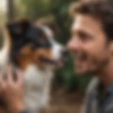 Playful Interaction Between Mini Aussie and Owner Mini Australian Shepherd interacting playfully with its owner