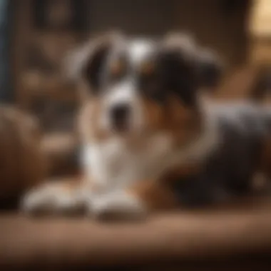 Mini Australian Shepherd Enjoying a Relaxing Moment Mini Australian Shepherd resting comfortably in a cozy environment