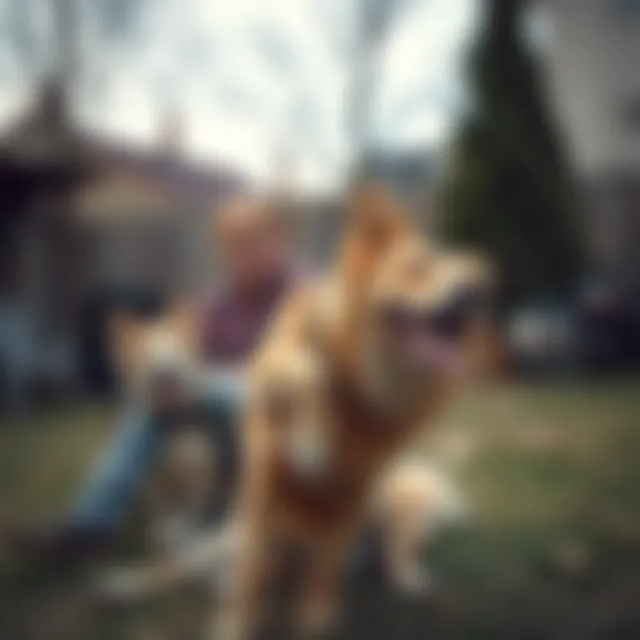A happy owner playing with a large, low-shedding dog in a yard