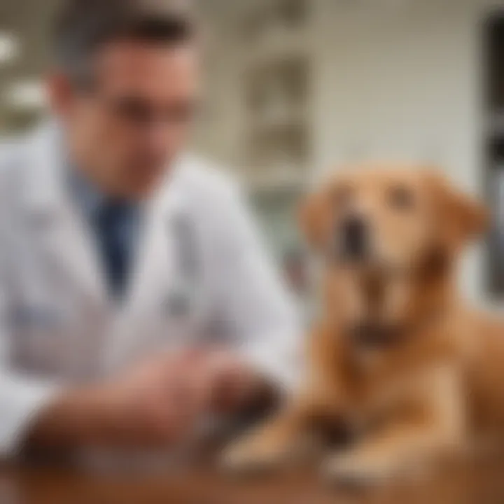 A vet using a stethoscope to measure a dog's heart rate during a check-up.