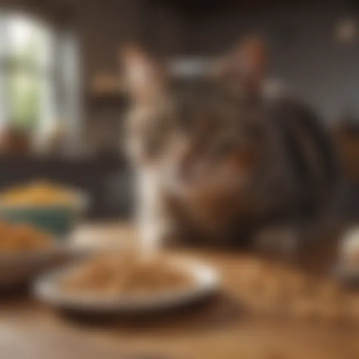 A cat curiously approaching a bowl of assorted snacks