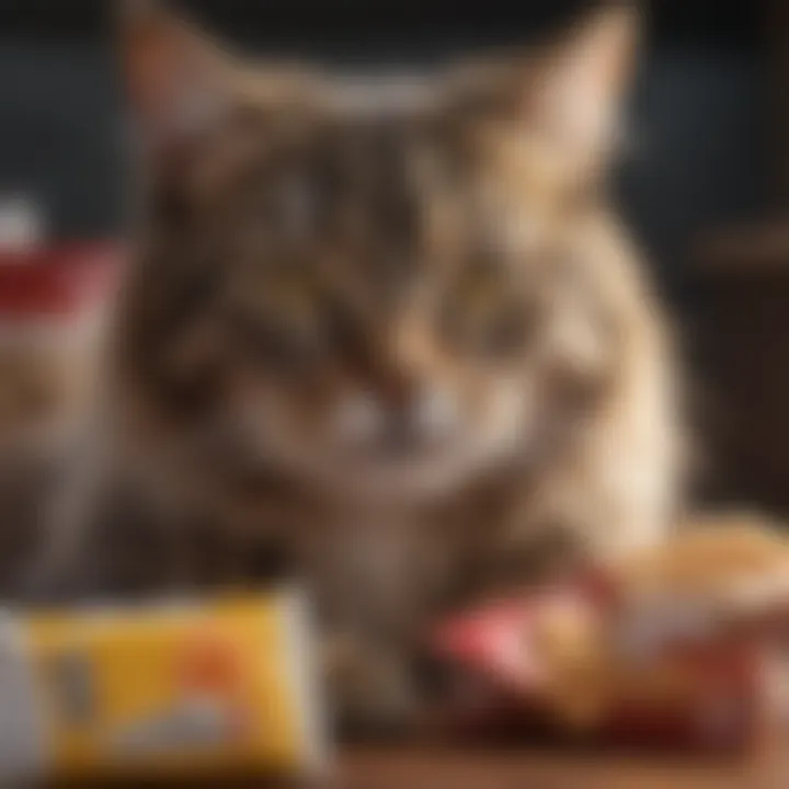 A cat owner reading a label on a snack package