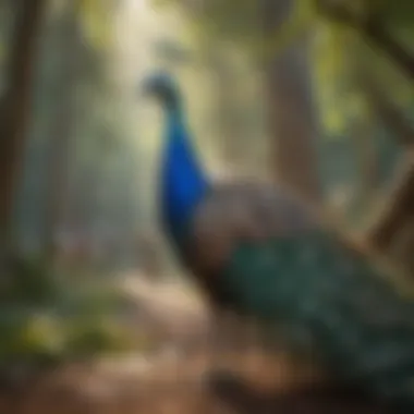 Peafowl in Their Natural Habitat A serene landscape with peacocks roaming freely