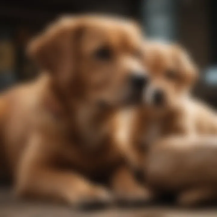 A puppy sitting next to a dog owner in a cozy environment