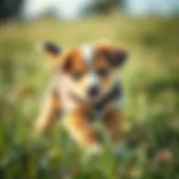 A playful puppy exploring a grassy field