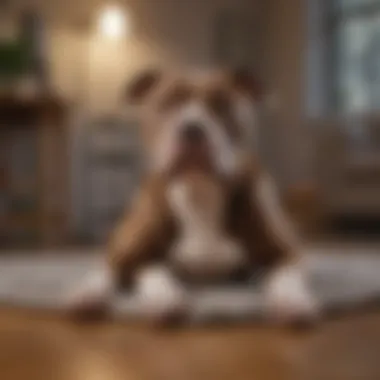 A healthy Pitbull resting comfortably in its home environment.