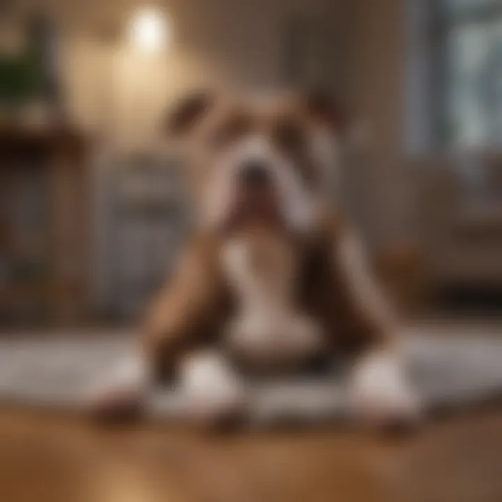 A healthy Pitbull resting comfortably in its home environment.