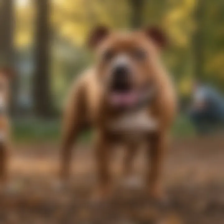 A Pitbull socializing with other dogs in a park.