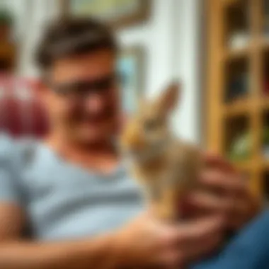 Companionship with Small Pets A pet owner enjoying quality time with a small rabbit, showcasing companionship