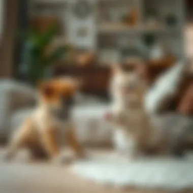 Playful Interaction Between Small Pets A cozy living room setting with a small dog and cat interacting playfully