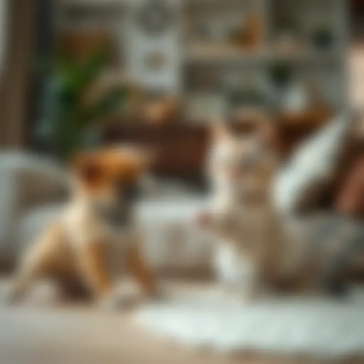 Playful Interaction Between Small Pets A cozy living room setting with a small dog and cat interacting playfully
