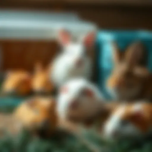 A diverse array of small house pets including hamsters, guinea pigs, and rabbits in their habitats