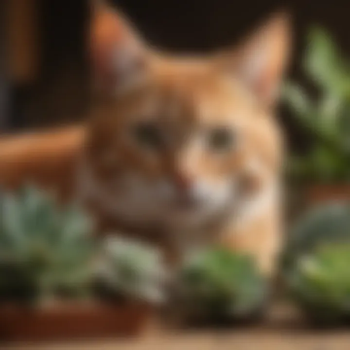 A cat curiously inspecting a succulent