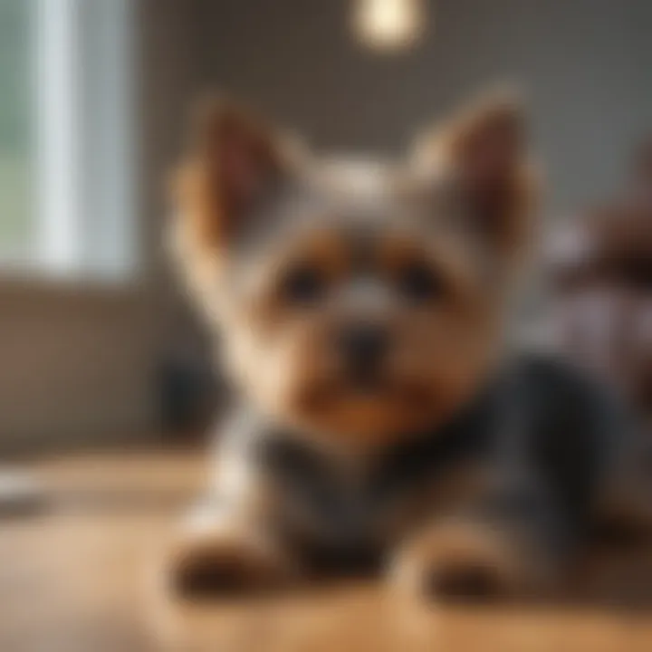 A cuddly Yorkshire Terrier in a cozy home setting