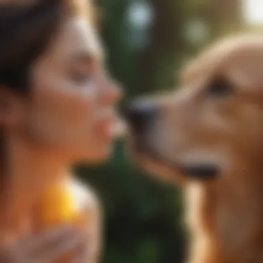 A pet owner applying sunscreen to their dog's nose