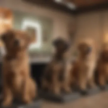 Different sizes of dogs waiting for their grooming sessions in a salon.