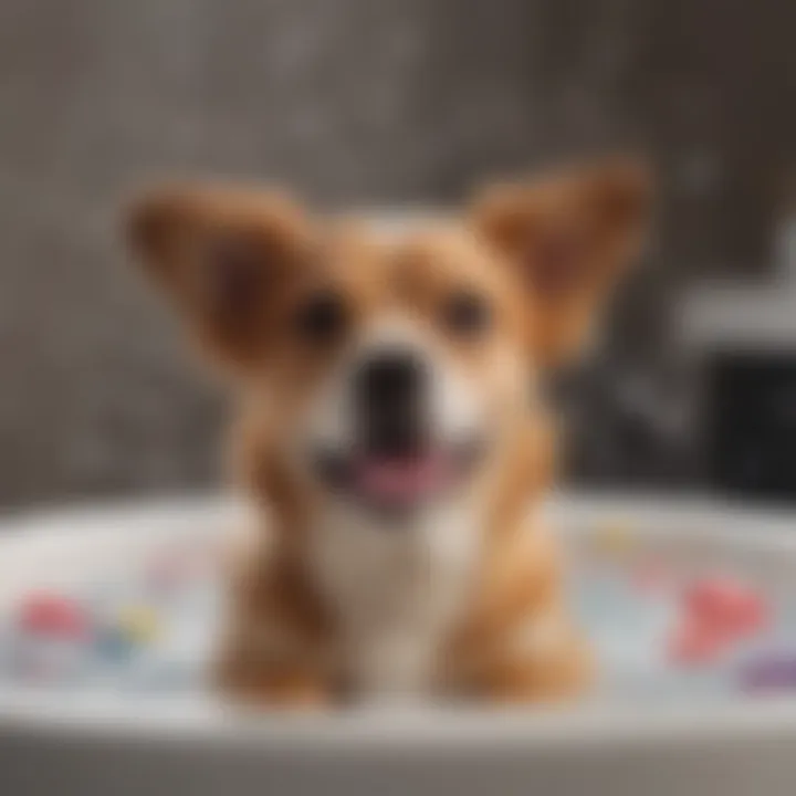 A dog enjoying a bath with bubbles and toys, illustrating a happy grooming experience.