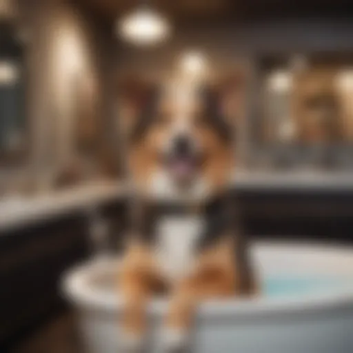 A luxurious dog grooming salon showcasing various grooming tools and products.