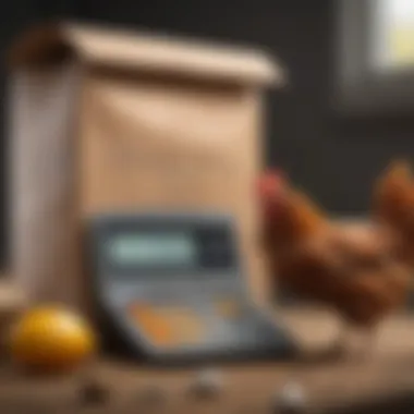 A calculator and feed bag representing budgeting for chicken nutrition