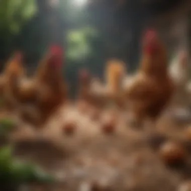 Healthy chickens pecking at feed in a lush environment