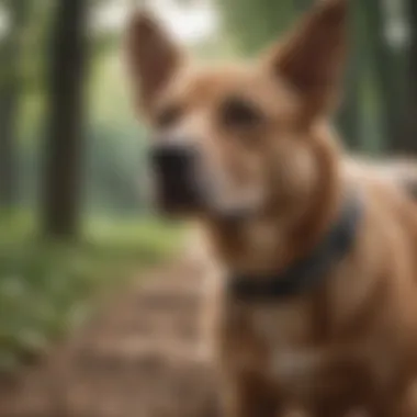 A dog wearing a Fi collar while playing outdoors.