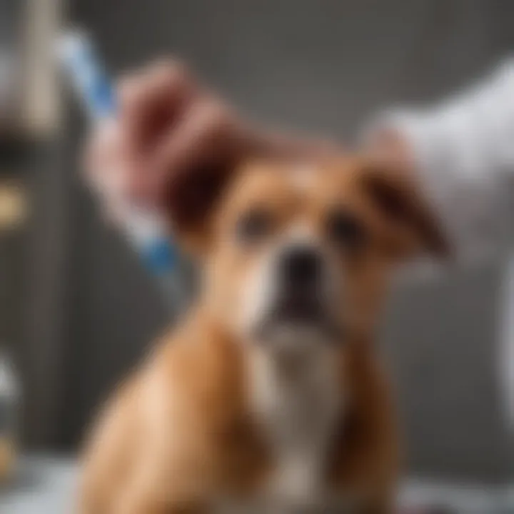 A close-up view of a veterinarian preparing a syringe for a dog vaccination