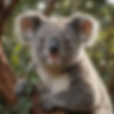 A serene landscape showcasing a koala resting in a eucalyptus tree