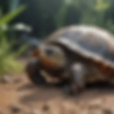 Close-up of a turtle basking with its shell exposed