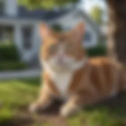 A serene suburban yard with a stray cat lounging under a tree