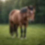 A beautiful miniature horse grazing in a lush green field