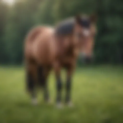 A beautiful miniature horse grazing in a lush green field