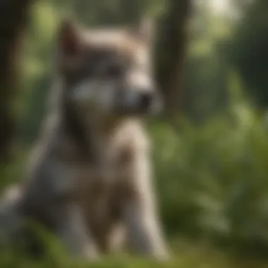 A majestic wolf dog puppy sitting in a lush green environment