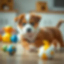 Puppy playing with training toys