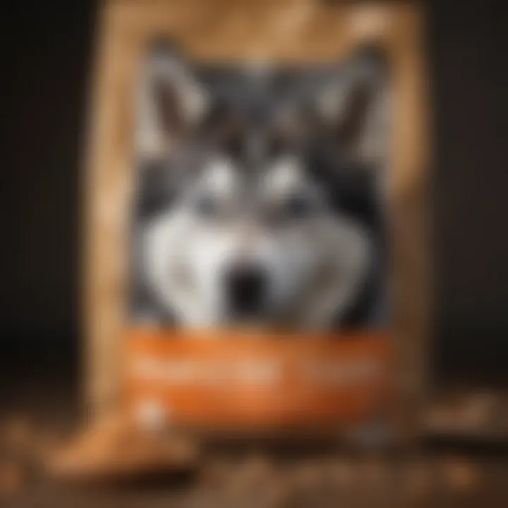 Close-up view of dog food packaging featuring a husky