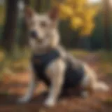 A calm dog wearing a snug anxiety vest in a serene environment