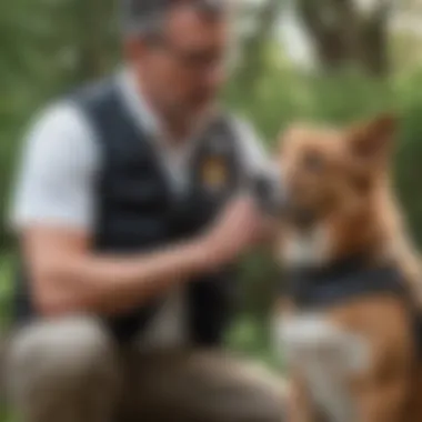 A pet owner adjusting a vest on a nervous dog