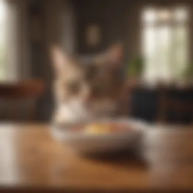 Cat enjoying a meal from a shallow bowl