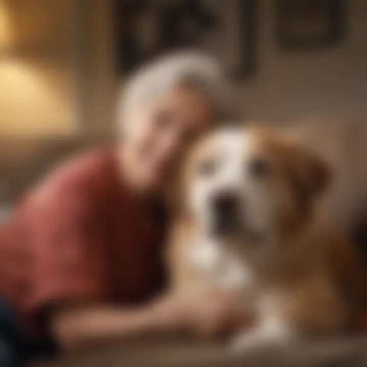 A loving owner gently petting their older dog on the couch.