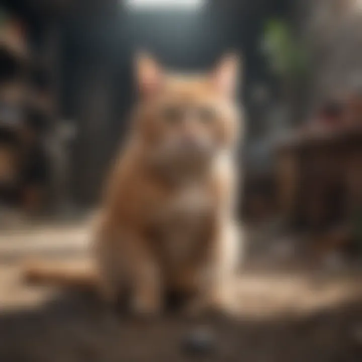 A cat looking stressed in an unclean environment