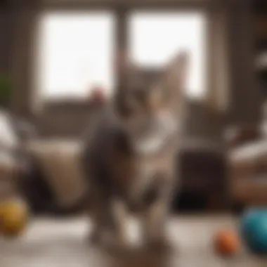 Cat engaging in play with toys