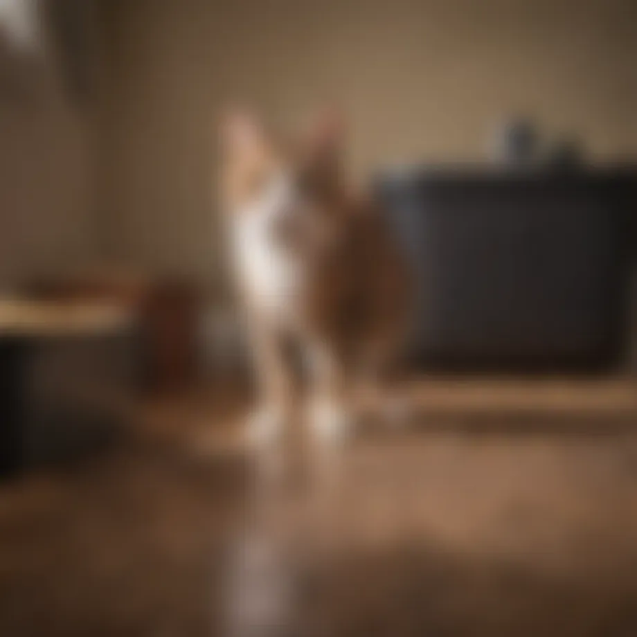 A cat looking curiously at an empty litter box