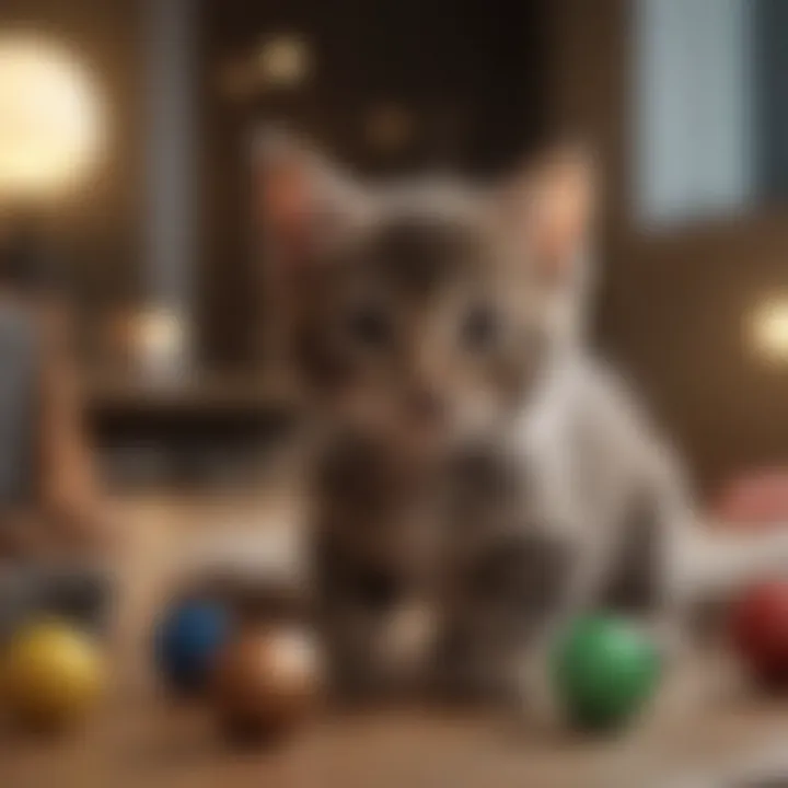 A kitten engaging with various toys in a stimulating environment