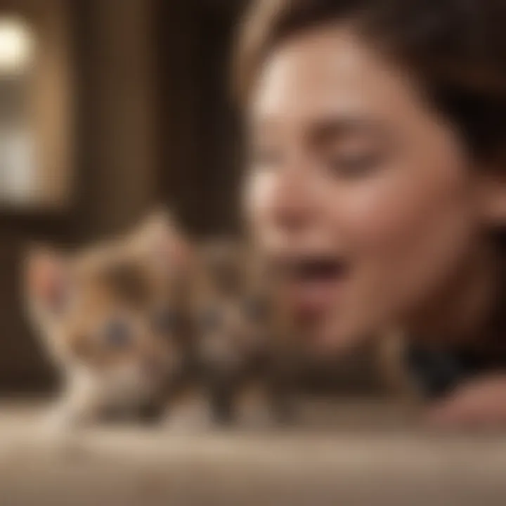 An owner gently interacting with a biting kitten