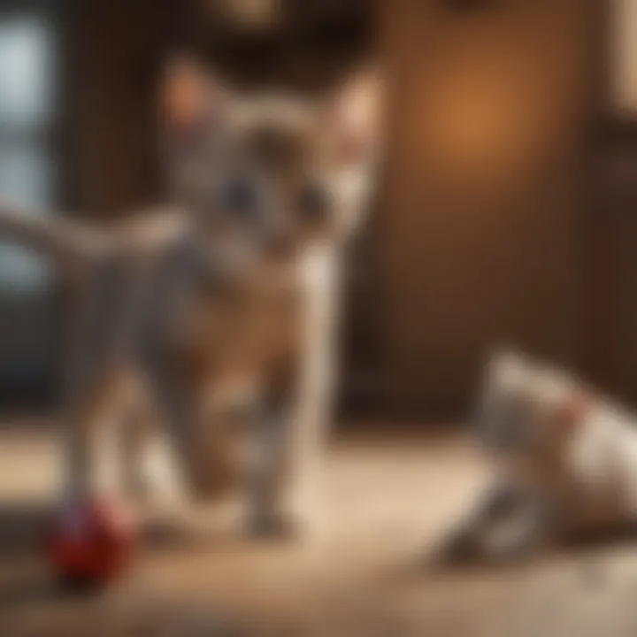 A playful kitten pouncing on a toy