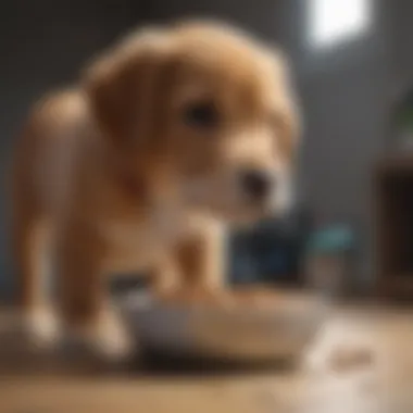 A curious puppy peering into a food bowl