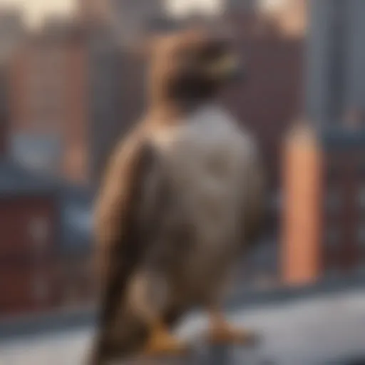 A realistic fake hawk perched on a rooftop, designed for pigeon deterrence.